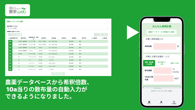 農家webかんたん農薬希釈アプリの自動入力機能の画像です。